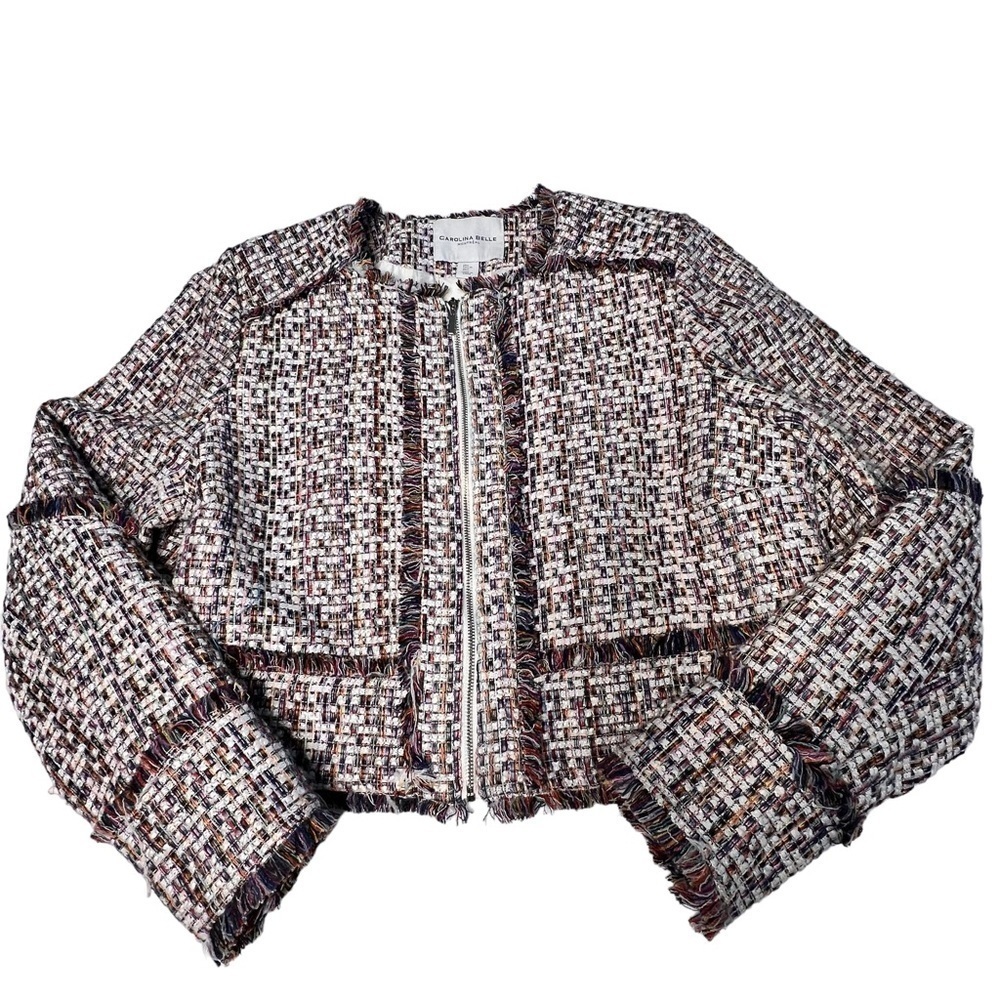 CAROLINA BELLE Montreal Crop Tweed Zip Front Multicolor Blazer Jacket Size L - Picture 6 of 16